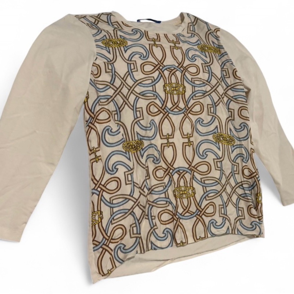 J. McLaughlin Cream and Brown Patterned women’s Long Sleeve Tee size Xs